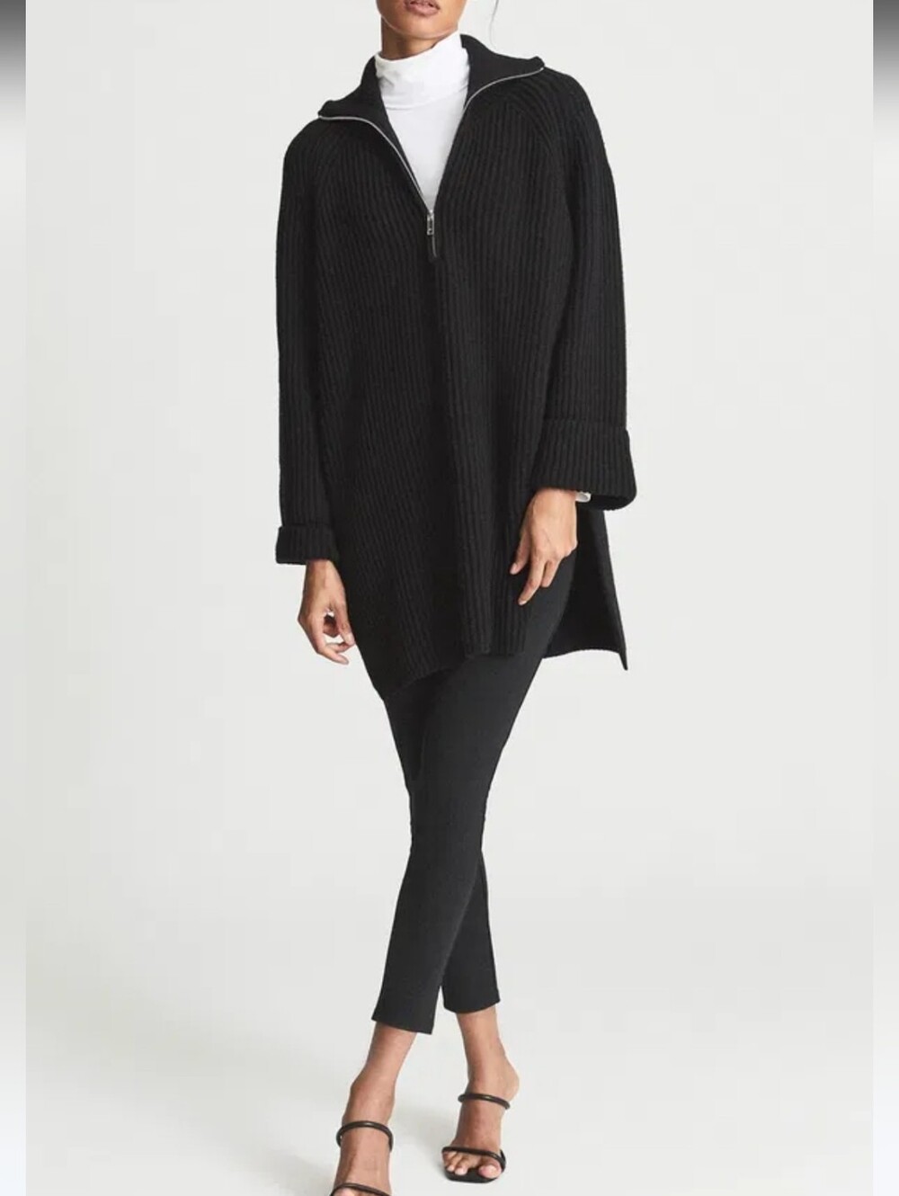Reiss Jean Ribbed Half-Zip Neck Jumper Black Sweater Tunic Euro Winter W